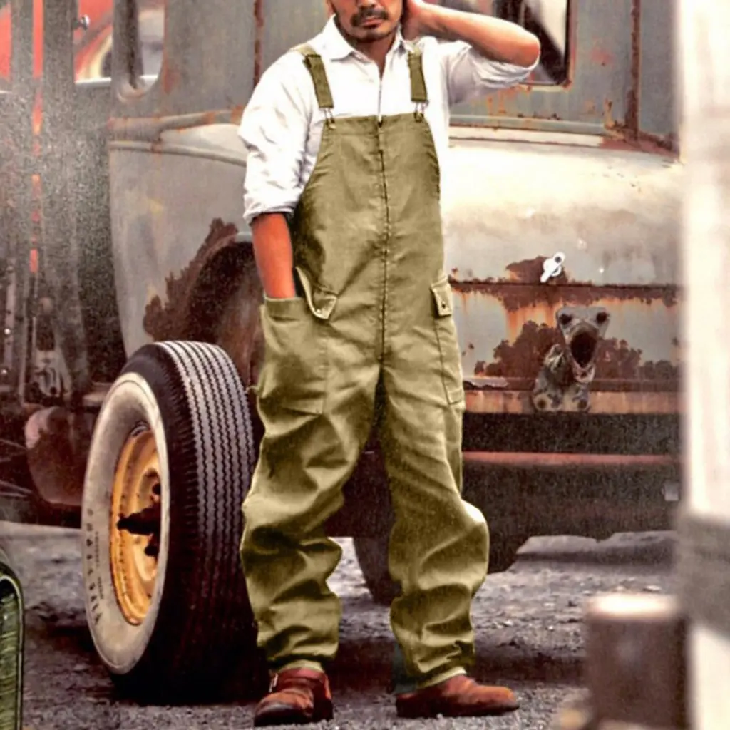 ltsdbun- Loose-fitting Men Overalls Retro Style Men Jumpsuit Men's Casual Denim Jumpsuit with Large Pockets Retro Style Loose Fit Overalls Soft Thick Fabric Cargo Jumpsuit Fashion