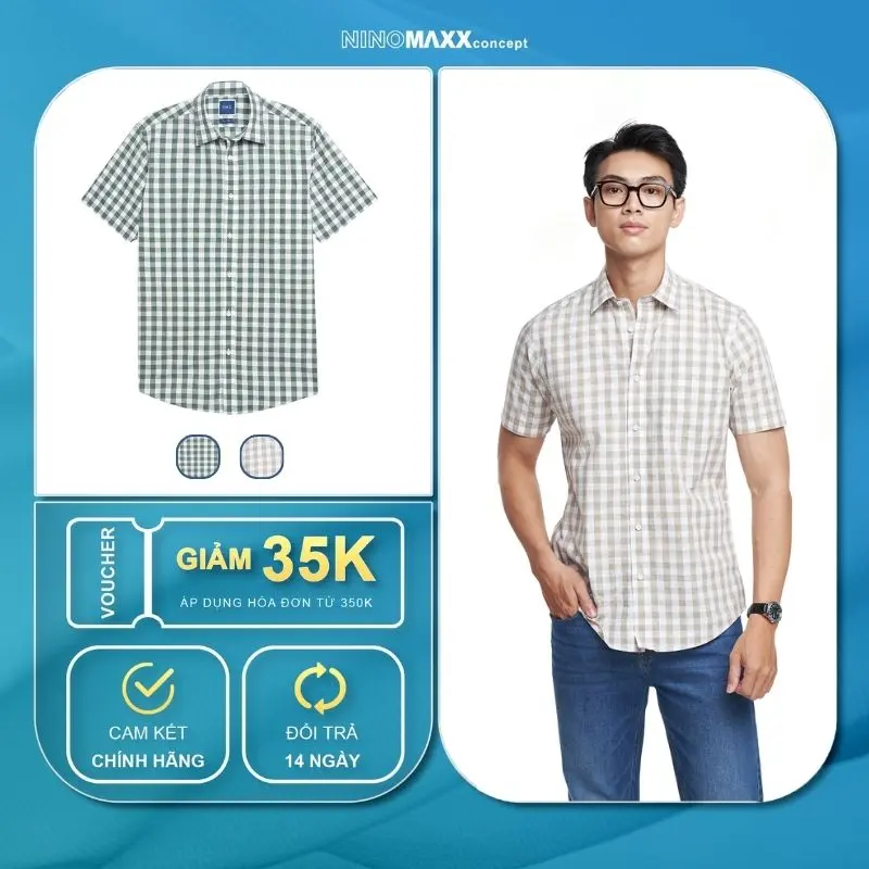 NINOMAXX Áo sơ mi sọc caro sợi melange Nam tay ngắn Menswear Shirt 2205044