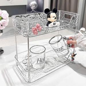 Kệ đựng mỹ phẩm 2 tầng để bàn cao cấp, khay đựng đồ trang điểm thiết kế gợn sóng phong cách sang trọng kèm nơ+thỏ