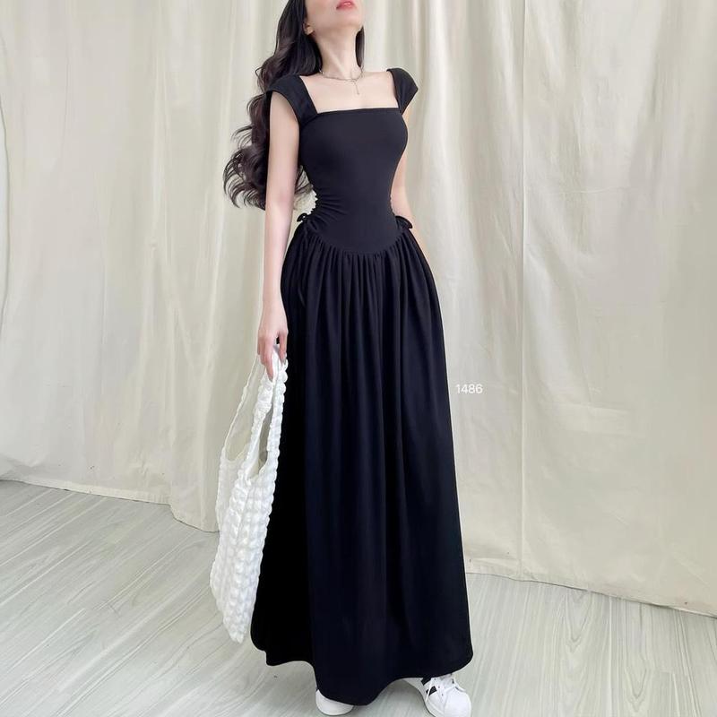 D164 Đầm Rút Eo Chất Thun Tăm Co Giãn Nữ Nhung Kem 5