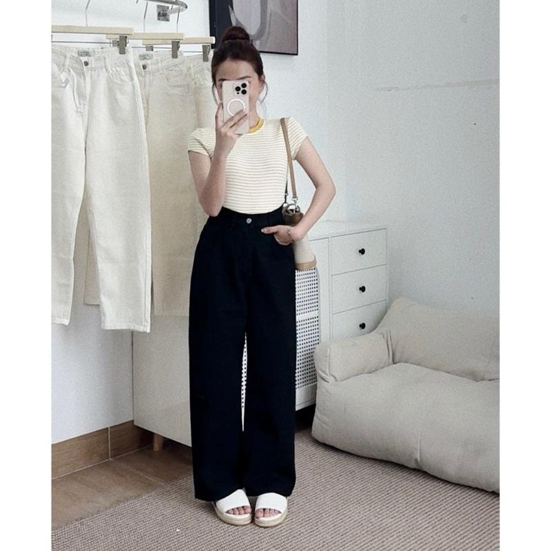 Q130 Quần Jean Suông Nữ ĐEN TRƠN 94-95cm dành cho nấm lùn Lưng Cao Tôn Dáng Linboutique
