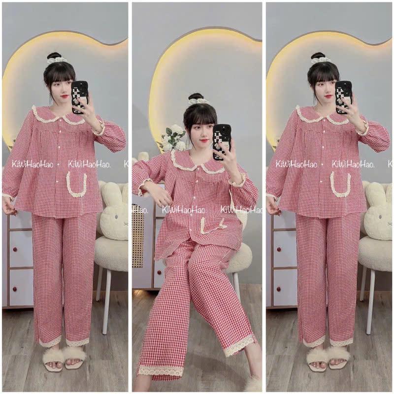 V07 - Bộ Bầu - Bộ Sau Sinh Dài Tay Đũi Xốp Mềm Mịn Cổ Sen Ren Viền 1 Túi - Áo Có Khoá Kéo Quân Có Chun Chỉnh - Freesize Dưới 72kg 3
