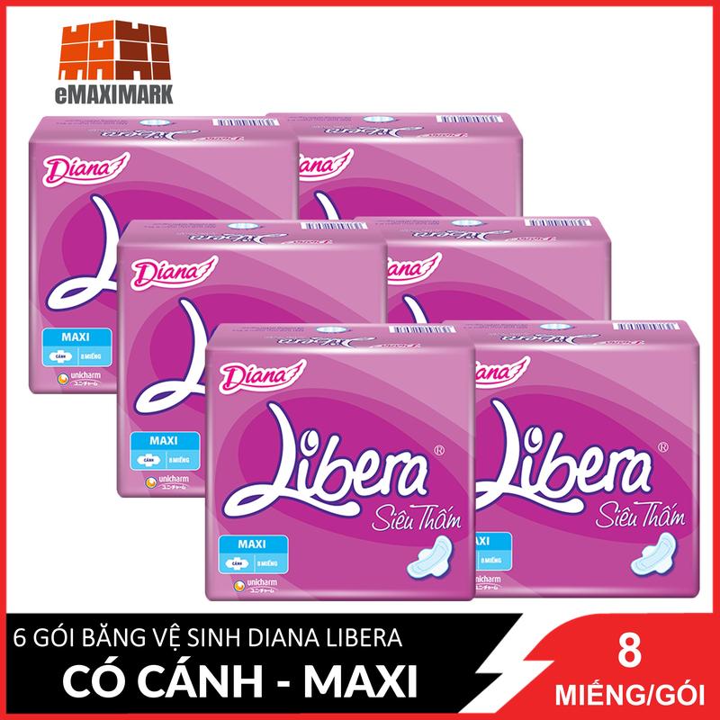 Combo 6 Băng Vệ Sinh Diana Libera Siêu Thấm Maxi Cánh 23cm 8 Miếng / Gói x6