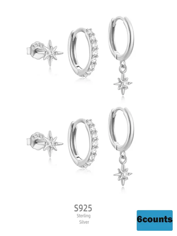 925 Sterling Silver Star Design Hoop Earrings & Stud Earrings, Fashionable Earrings for Women & Girls, Trendy All-match & Exquisite Jewelry for Birthday Gift 0