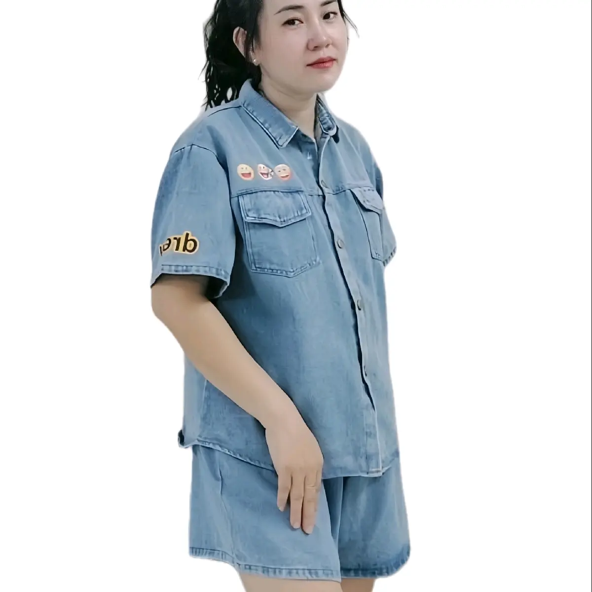 sét jeans bộ đùi sơ mi mặt cười túi hai bên Nữ