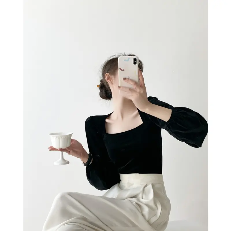 ONEFASHIONMALL SL033 Blouse Velvet Top Square Neck Long Sleeve Bluse Lengan Panjang Puff Atasan Baju Wanita 7
