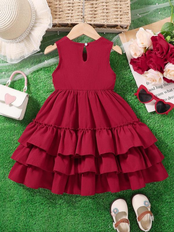 Girl's Solid Bow Decor Ruffle Trim Dress, Cute Casual Sleeveless A Line Dress for Summer, Kids Clothes for Daily Wear 4