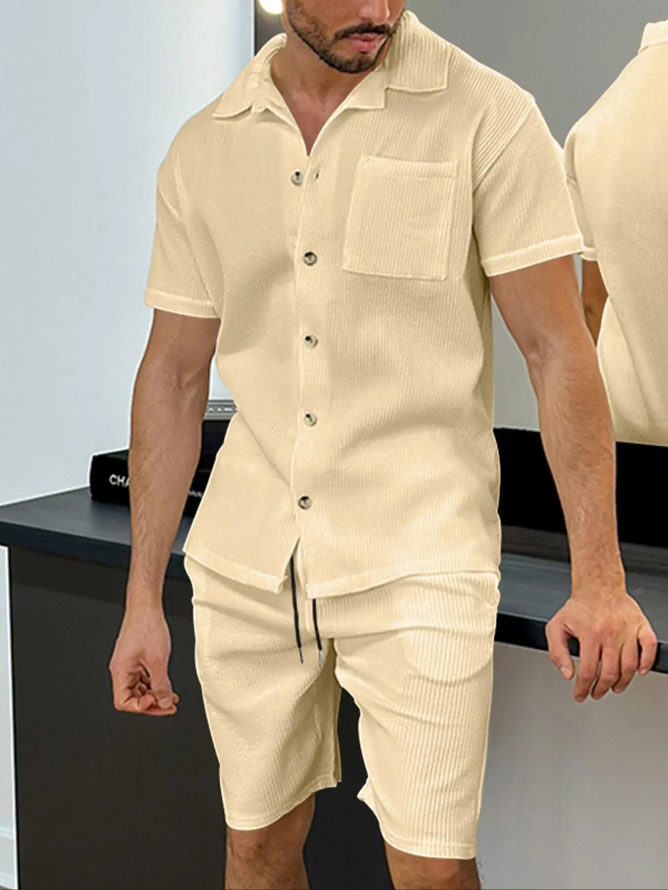 Men's Striped Print Button Front Shirt & Shorts Set, Loose Casual Short Sleeve Collared Top & Shorts, Men's Summer Outfits
