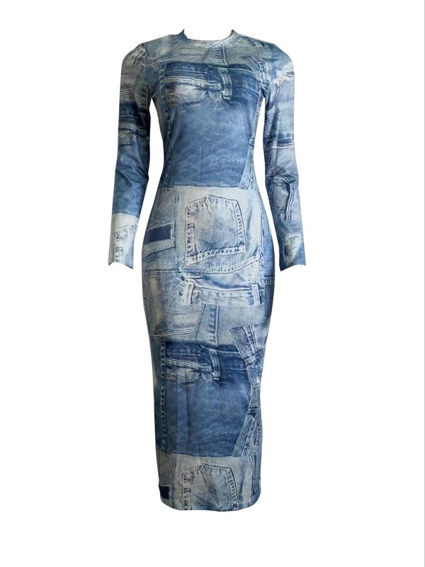 Women's Denim-Effect Print Long Sleeve Bodycon Dress, All Over Print Round Neck Long Dress For Spring & Fall, Fashion Casual Women's Dress For Daily Wear 3