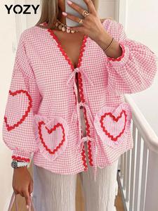 YOZY Women's Heart Print Tie Front Bishop Sleeve Shirt, Casual Long Sleeve Pocket Top for Spring & Fall, Women's Clothes for Daily Wear