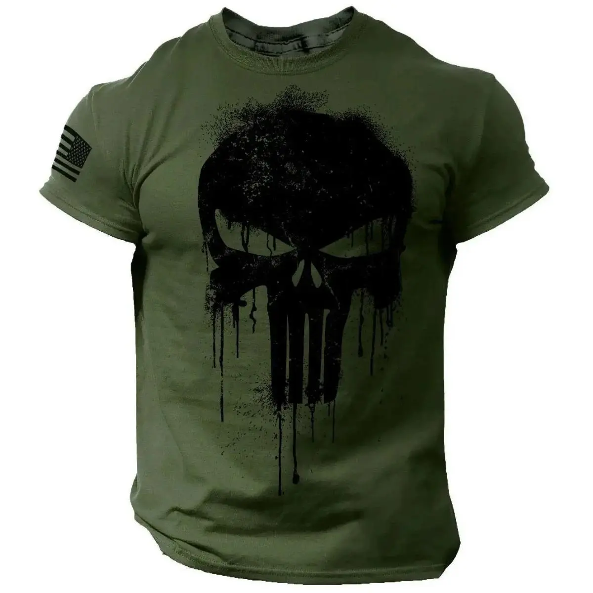 เสื้อยืดผู้ชาย พิมพ์ลาย 3D กะโหลกรักชาติทหาร ทรงหลวม แขนสั้น เสื้อกีฬา เสื้อยืด เสื้อผ้าผู้ชาย