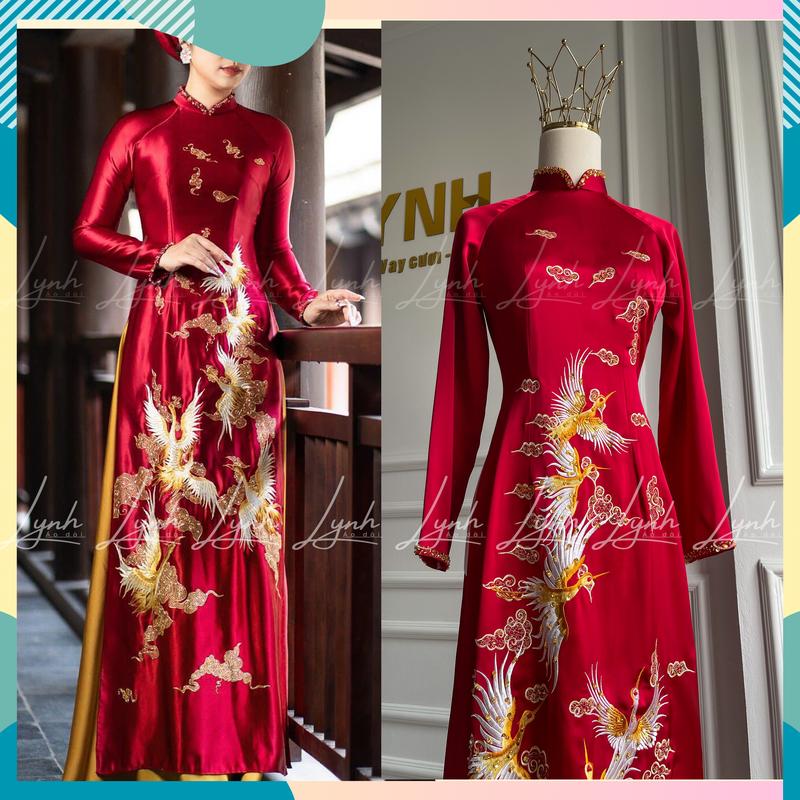 Áo dài bà sui Đỏ thêu hạc vàng tô châu cao cấp - Áo dài LYNH Nữ Voan Voi Women Dress Sen Hoa Sen