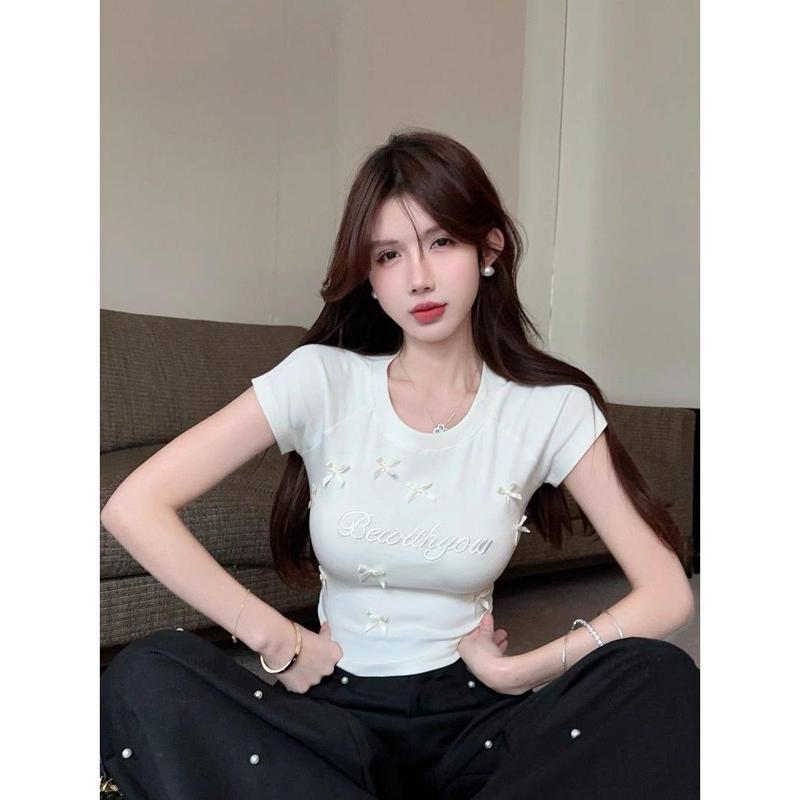 Áo Thun Ngắn Tay, Thêu Nơ, Phong Cách Ngọt Ngào Trẻ Trung, Dành Cho Nữ, Cỡ Nhỏ, Màu Trơn Áo Bó Sát Ngắn Cô Gái Nóng Bỏng Top Women Cổ Tròn 7