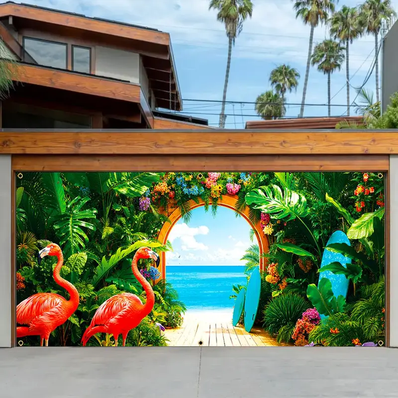 Flamingo & Tropical Plant Pattern Garage Door Banner, 1 Count Durable Garage Door Decoration, Home Decor Supplies for Farmhouse Party 0