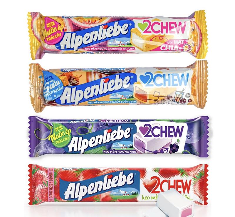 Kẹo Mềm Alpenliebe 2Chew Đủ Vị Dạng Thỏi 24,5g - Hương Dâu, Nho, Chanh Dây Hạt Chia, Trà Sữa Đường Đen