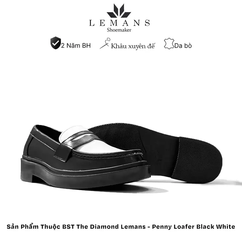 Giày da bò Penny Loafer da bò Trắng đen LEMANS, đế tăng chiều cao 4cm cho nam, giày lười nam, giầy da, bảo hành 24 tháng Cao Su Shoes 1