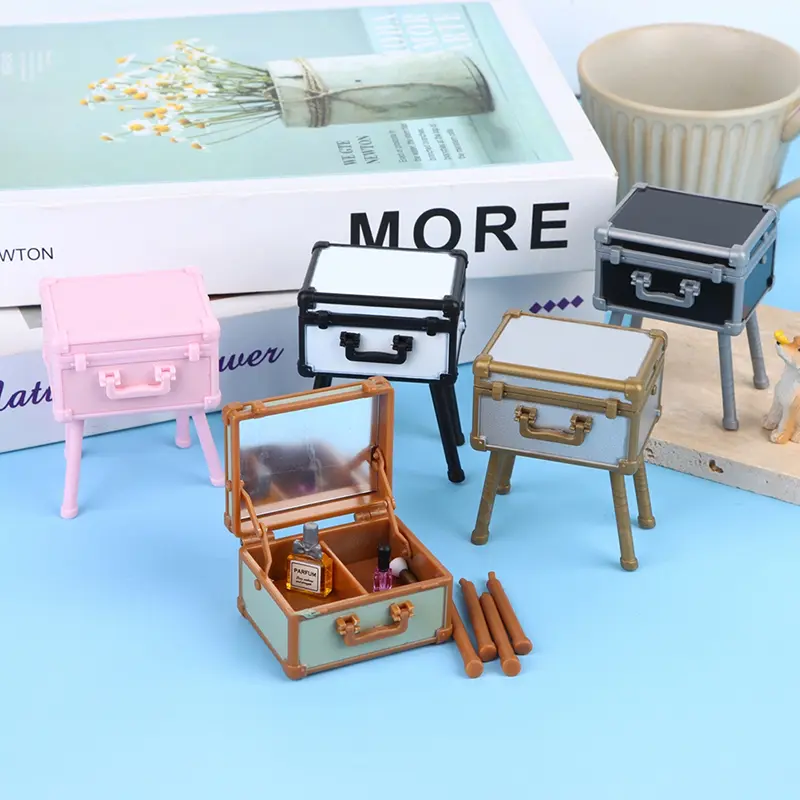 1Set 1:12 Dollhouse Mini Vanity Case Lipstick Perfume Air Cushion Mirror w/Holder Furniture Decor Toy