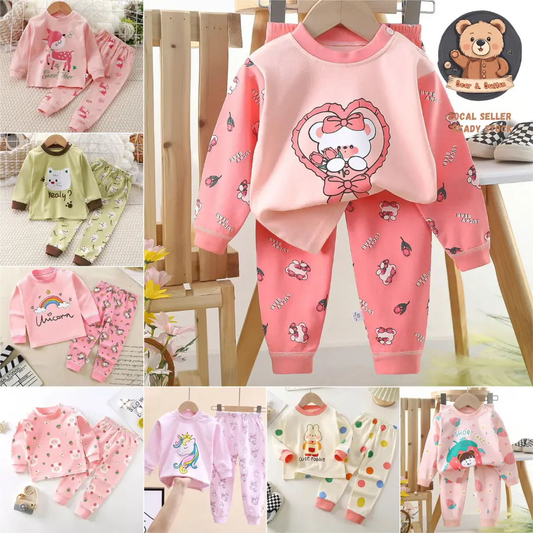 B&B 1-7 Years Kids Girl Pyjamas Full Cotton Set Children Unicorn Sleepwear Long Sleeve Budak Kapas Bayi Baju Tidur Kanak Perempuan Soft Cotton Baby Girl Pajama Set
