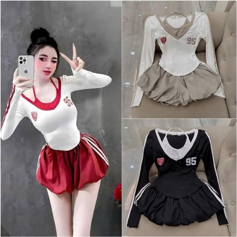 BIGSIZE SÉT BỘ NỮ ĐẸP ÁO THUN TĂM CỔ YẾM HDM TAY DÀI PHỐI QUẦN BÍ NGÔ ĐŨI GIÓ VIỀN SỌC HOTTREN (Full-size:40-90kg ) Women Voi Top