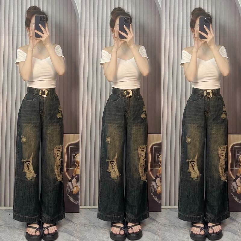 Có bigsize dài 92cm suông151 Quần Jean Nữ Lưng Cao Ống Suông Rách Dành Cho Nấm Lùn Ong Pants 94cm