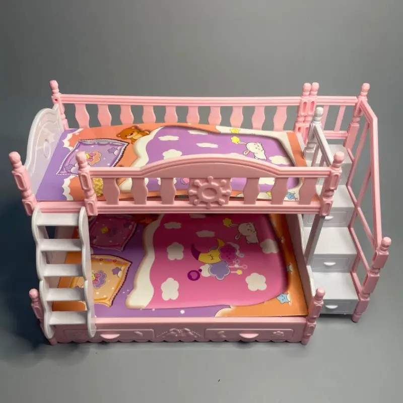 Mainan Rumah Kanak-kanak Gaya Puteri, Cantik, Katil Berganda, Perabot Tingkat Atas dan Bawah Puteri, Hiasan Katil Anak Patung Barbie, Sesuai untuk Kanak-kanak, 2024