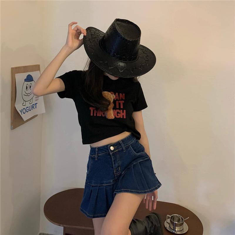 Product Introduction of Summer New Korean Style Letter Bear Printed Short-Sleeved T-shirt Women's Slim-Fit Crop-Top Women's Clothing 6