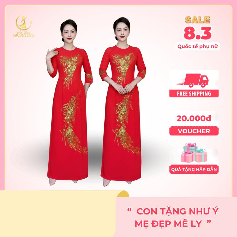 A65 ĐỎ - ÁO DÀI LỤA ĐÍNH HOA VẼ THỦ CÔNG LẤP LÁNH [CO GIÃN NHẸ, THẤM HÚT] Nữ Women Dress 0