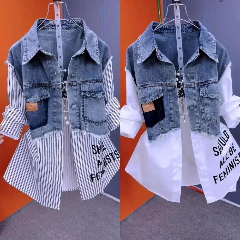 Áo Khoác Denim, Thiết Kế Cổ Điển Mới, Có Thể Mặc Ngoài Trời, Phong Cách Thường Ngày Chắp Vá, Áo Sơ Mi Sọc, Áo Vest, Có Thể Giấu Bụng, Dễ Thương, Xu Hướng 2024