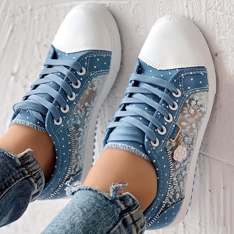 Women's Floral Mesh & Cover Casual Sneakers - Breathable Low-Top Lace-Up Round-Toe Shoes with PU Sole for Casual Attire, Ladies Sneakers, Comfortable Footwear, Durable Traction Footwear 6