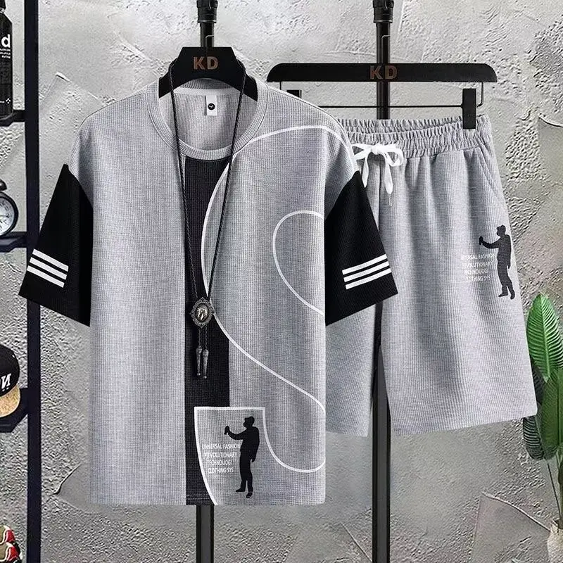 Waffle Grid Hong Kong Style 2025 Short Sleeve Set Men's Sports Casual Outfit Top Pants Loose T-Shirt Trendy Shorts Men