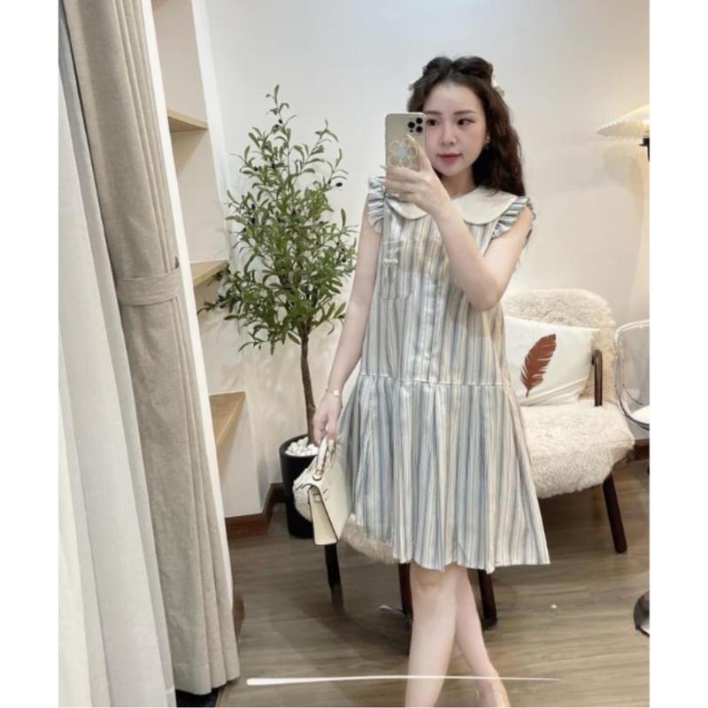 Váy bầu babydoll kẻ sọc cổ sen 2 lớp đính nơ ngọc Nữ Women Voan đầm