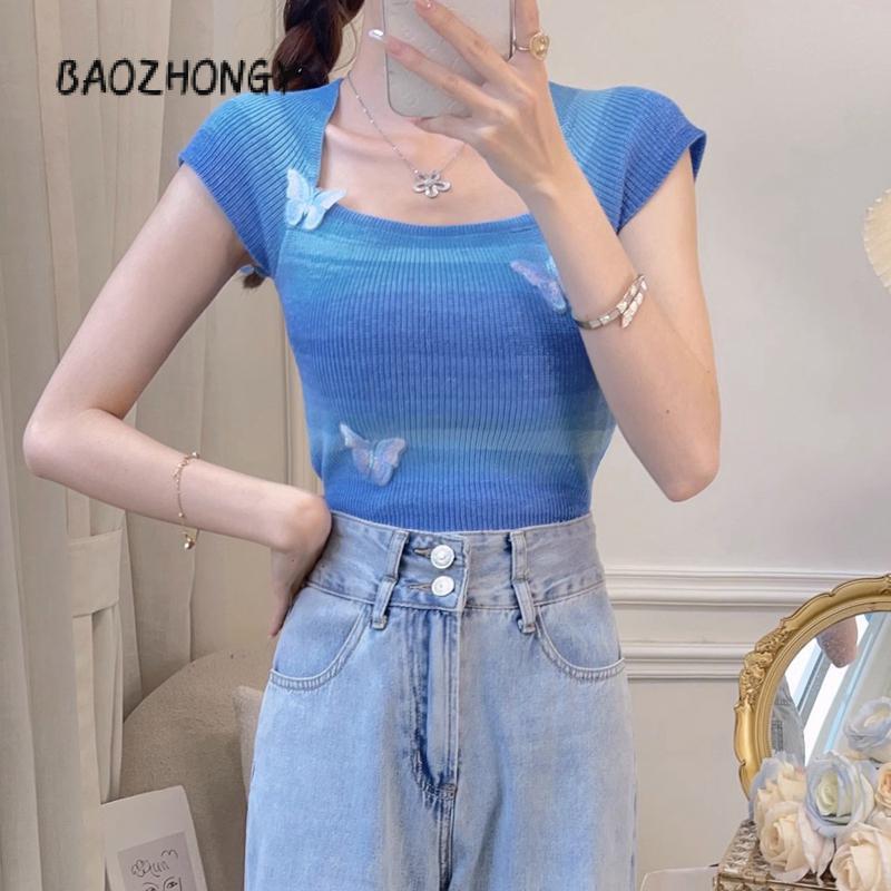 Áo Dệt Kim Hình Bướm 3D, Dành Cho Nữ, ngắn Tay, Cổ Vuông, Màu Tương Phản, Dáng Ôm, Áo Phông, Quần Áo Thẩm Mỹ 7