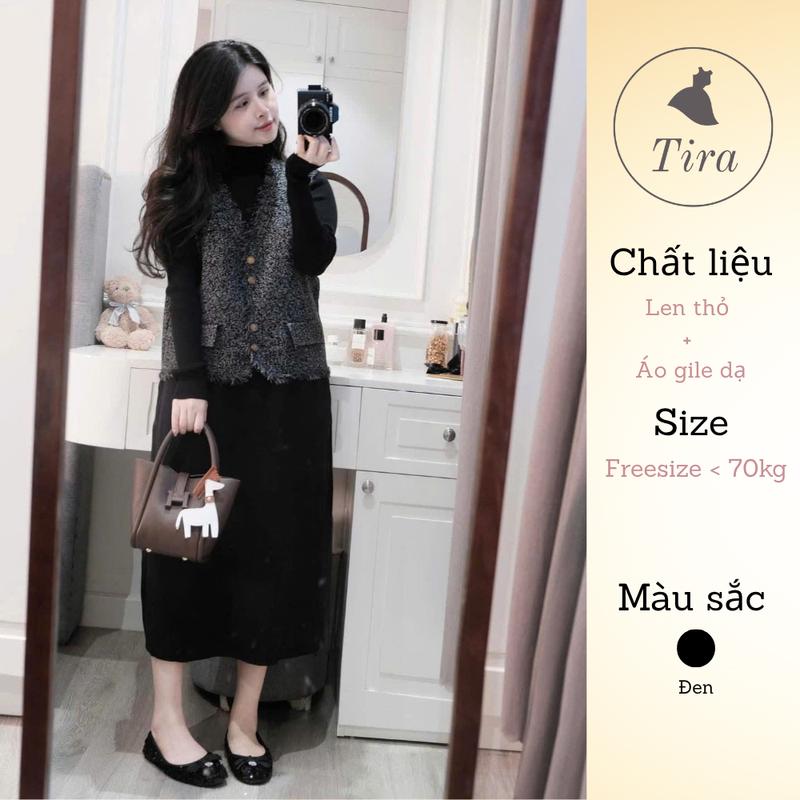 Tira Mama Design M337 Set váy len bầu Set Váy bầu tiểu thư Set bầu đi chơi Váy len thỏ kèm áo gile lông