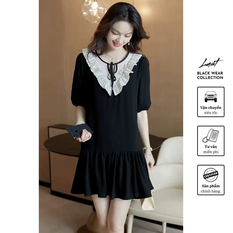 Váy đuôi cá phối cổ trắng thắt nơ LUST - TX03, phong cách thanh lịch, tiểu thư phong cách thời trang Hàn Quốc thời trang dạo phố hiện đại 3