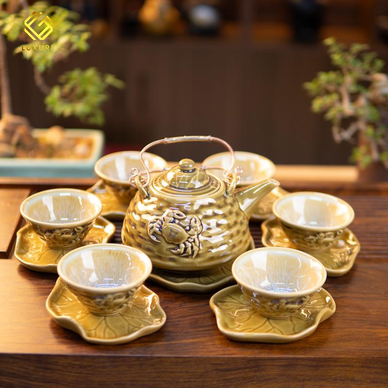 Bộ Ấm Chén Giỏ Vàng Chén Lòng Tia Nghệ Nhân Trịnh Yên - Ấm Chén Bát Tràng - Gốm Sứ Luxury