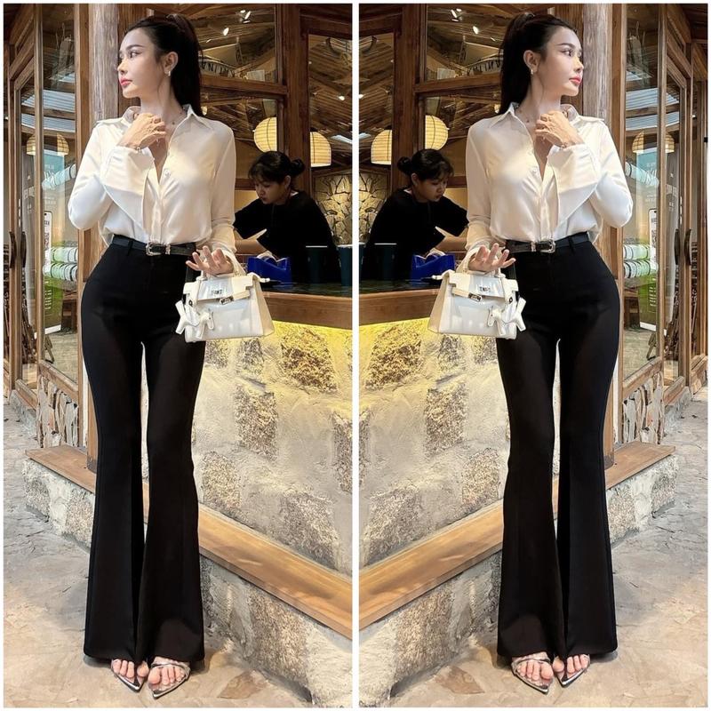 ￼Quần ống loe lưng cạp cao 2 cúc baggy vải nữ dài suông loe culottes màu đen nâu ghi sữa