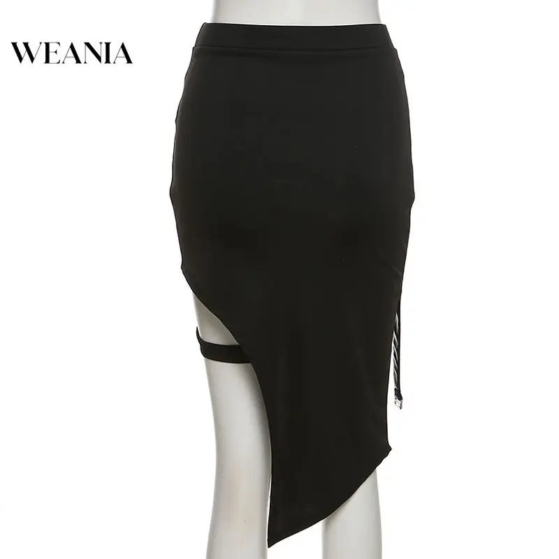 WEANIA-Váy Pu Cạp Cao Cho Nữ, Thiết Kế Mới, Chắp Vá, Không Đều, Có Dây Xích Chân 6