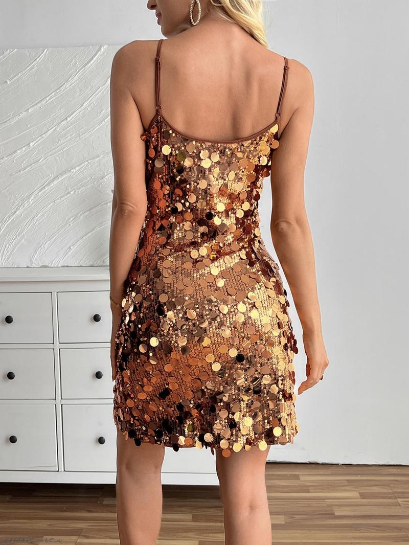 Product Introduction of Women's Glitter Sequins V Neck Cami Dress, Fashionable Sparkly Short Dress for Party Club Dating Wear, Ladies Summer Clothes 4