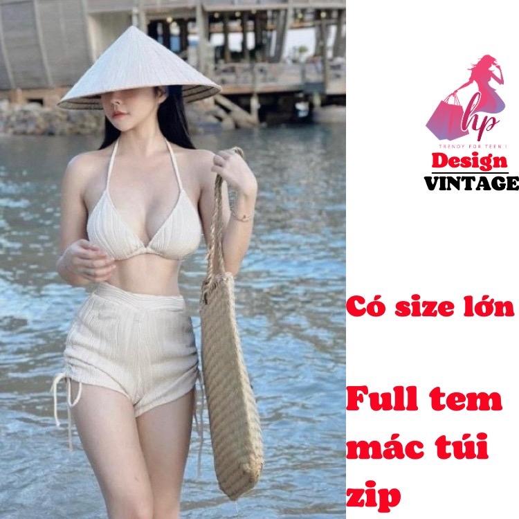 Bộ bikini quần đùi áo cột yếm hở lưng có mút, set đồ bơi đi biển màu đen trắng áo tắm tôn dáng sang chảnh  G714 Sport Thun có bigsize