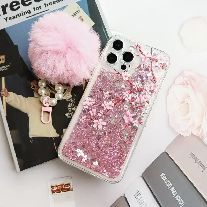 Glitter Blossom Pattern Phone Case with Plush Lanyard, Decorative Phone Protector Cover, Phone Accessories Compatible with iPhone 11 12 13 14 15 16 Pro Max/Pro/Plus, Casing 1