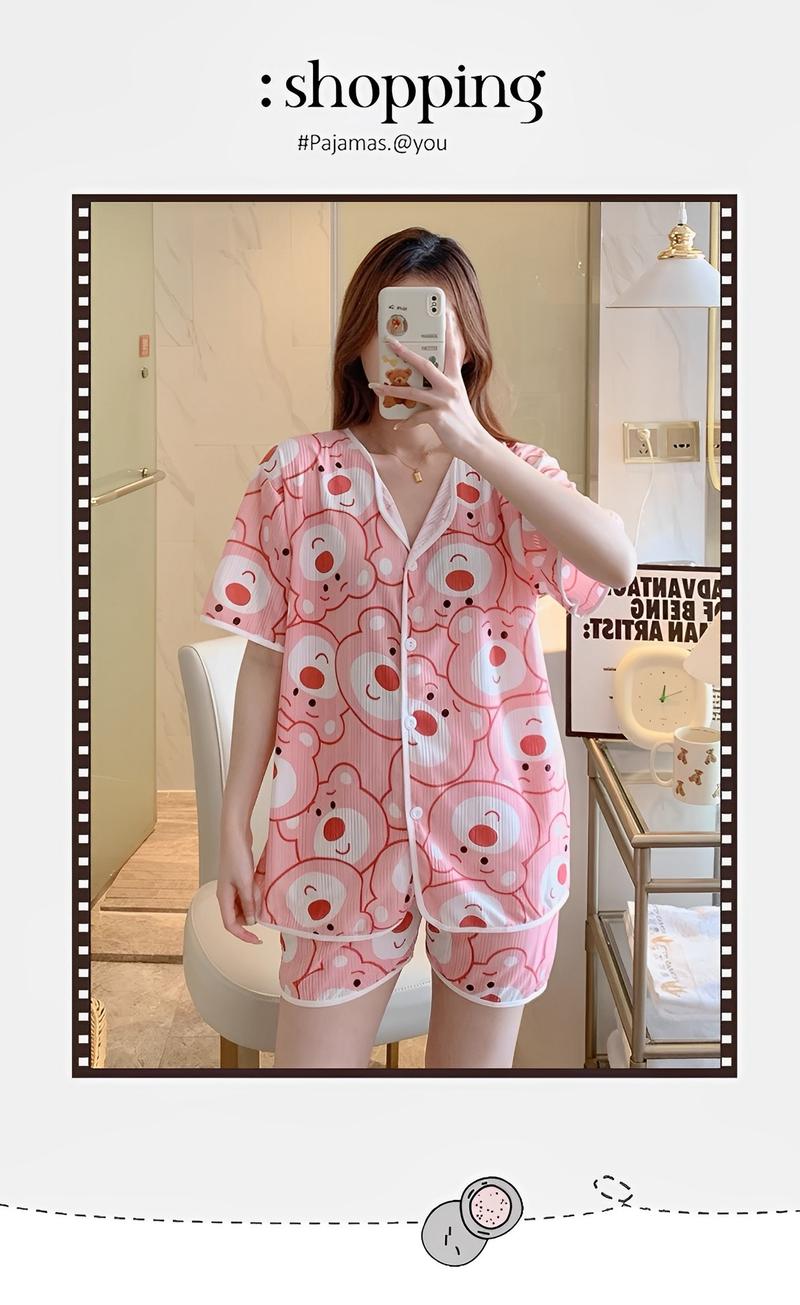 Product Introduction of MeTOo 3in1 cotton short sleeve cartoon pattern comfortable pajamas/sleepwear for women Loungewear Fabric Fashion Womenswear Clothes Button Collar Embroidered Korean Pants Shirt Style Lingerie Lady Breathable Homewear Pajama Set Pjs Trouser 7