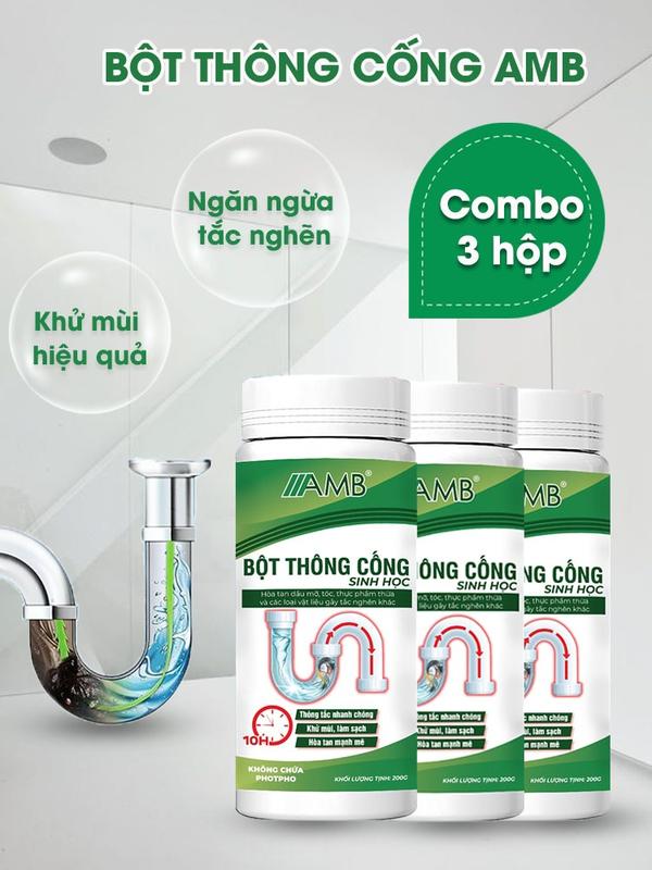 Combo 3 lọ bột thông cống AMB bột thông bồn cầu bồn rửa bát tắc cống siêu mạnh hiệu quả an toàn