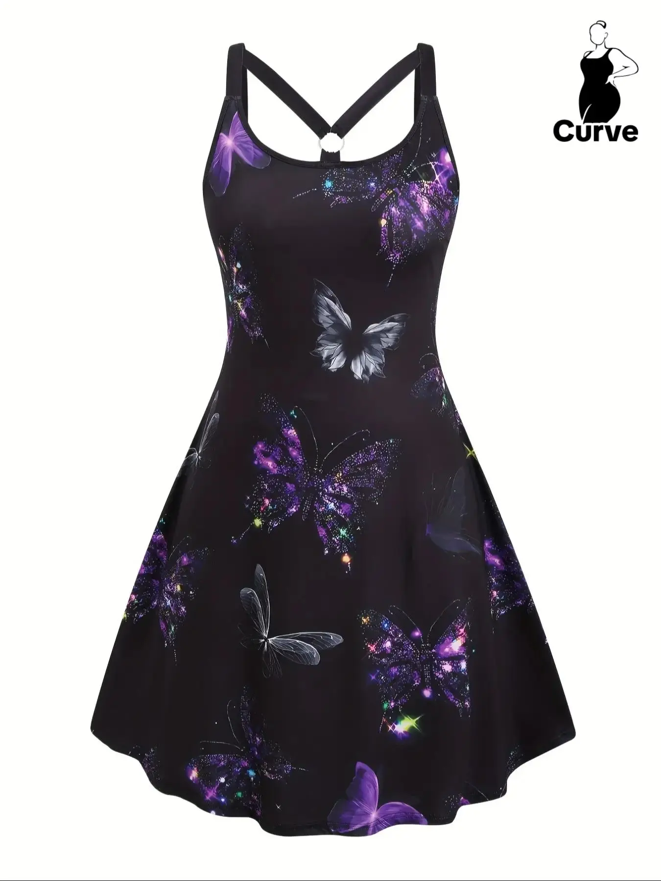 【Plus Size】 Butterfly Print Ring Linked Tank Dress, Casual Scoop Neck Sleeveless A-Line Dress for Summer, Women's Plus Clothing for Daily Wear