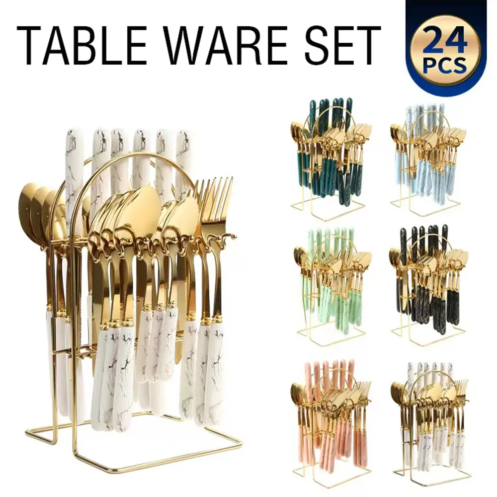 Elegant marble ceramic handle Tableware set Exquisite craftsmanship Sleek and polished design 24-piece set Dinnerware set High-quality stainless