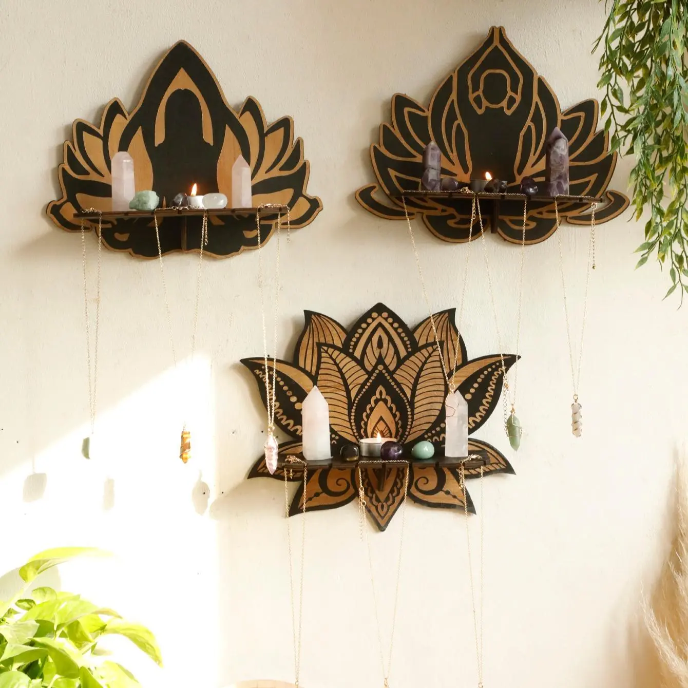 Wooden Lotus Design Wall Mounted Crystal Holder, 1 Count Creative Lotus Design Wall Hanging Decor, Home Decor for Meditation Room, Bedroom, Living Room, Shelves