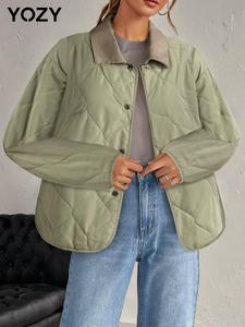 YOZY Women's Solid Button Front Drop Shoulder Quilted Winter Coat, Casual Long Sleeve Pocket Outerwear for Fall & Winter, Women's Clothing for Daily Wear