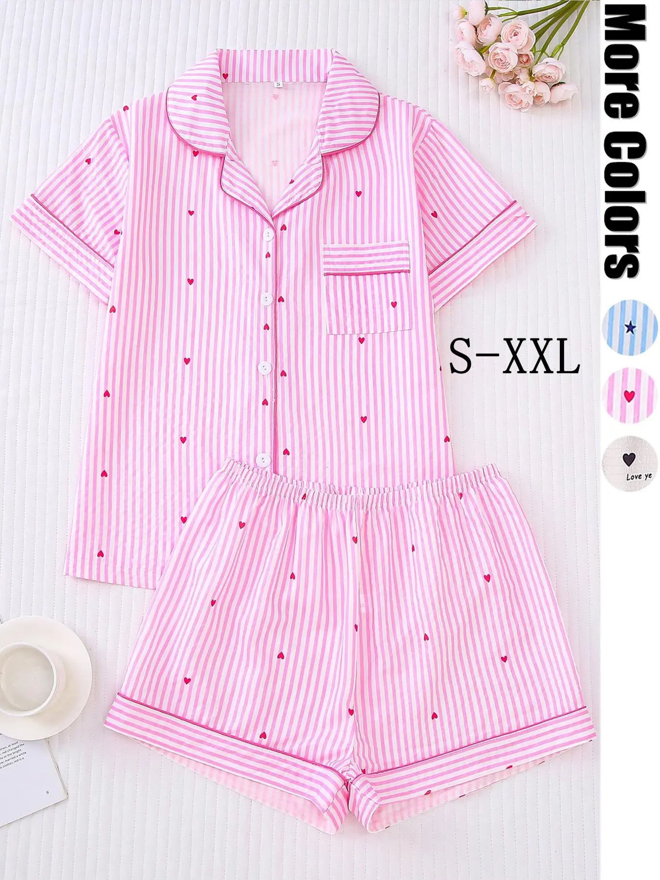 Two-Piece Set Women's Heart Print Pajama, Casual Comfy Short Sleeve Lapel Neck Pajama Shirt & Elastic Waist Shorts PJ Set, Ladies Sleepwear for All Seasons