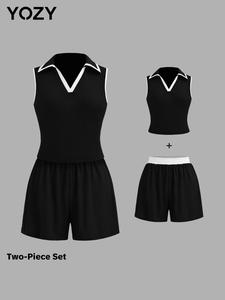 Two-piece Set YOZY Women's Colorblock Top & Shorts, Casual Fashion Cozy Sleeveless Top & Shorts for Daily Outdoor Wear, Ladies Summer Clothes