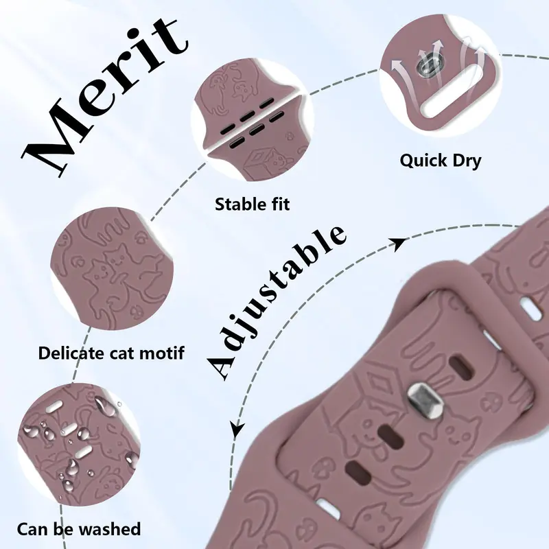 Cute Cat Pattern Engraved Silicone Watch Band, Soft Watch Band for iWatch Ultra Series SE 10 9 8 7 6 5 4 3 2 1, Smart Watch Accessories 5