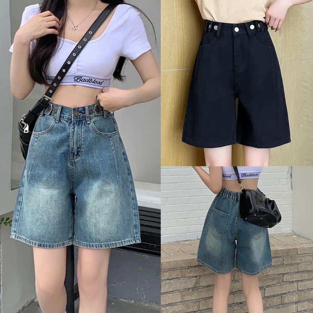 กางเกงยีนส์สามส่วน SIZE S-14XL เอวสม็อคปรับกระดุม